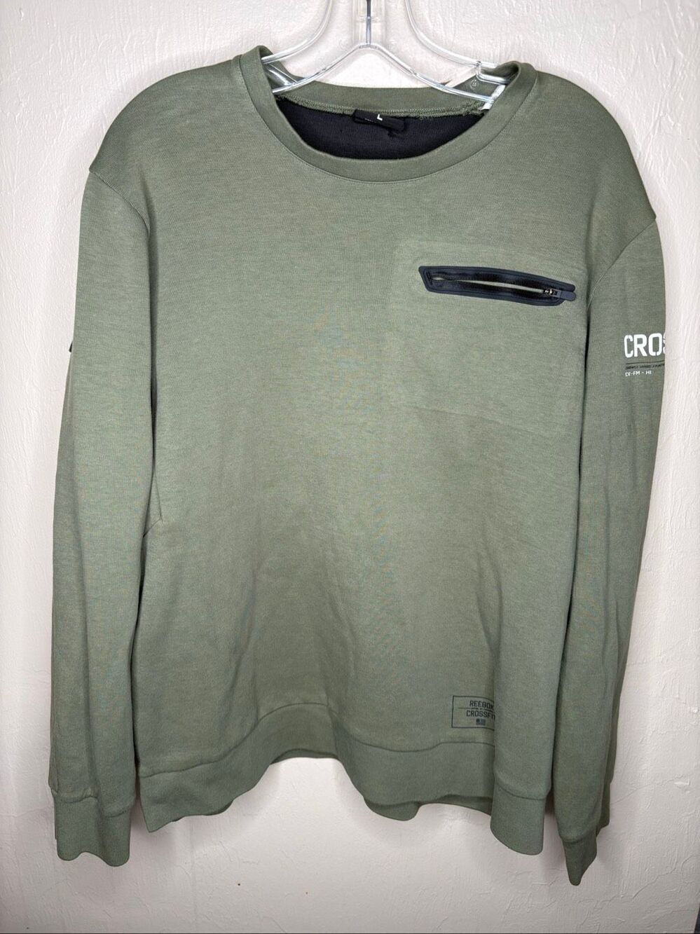 Reebok CrossFit Olive Green Crewneck Sweatshirt Utility Zip Pocket Men's Large-1
